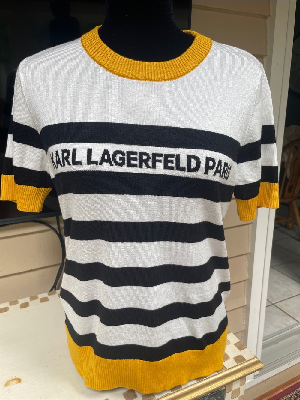 Karl Lagerfeld Striped Knit Sweater in White, Black & Yellow